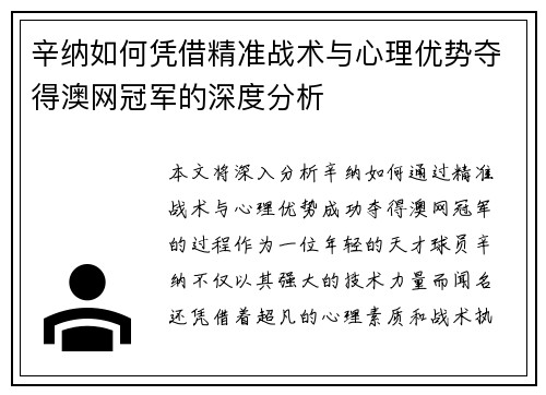 辛纳如何凭借精准战术与心理优势夺得澳网冠军的深度分析